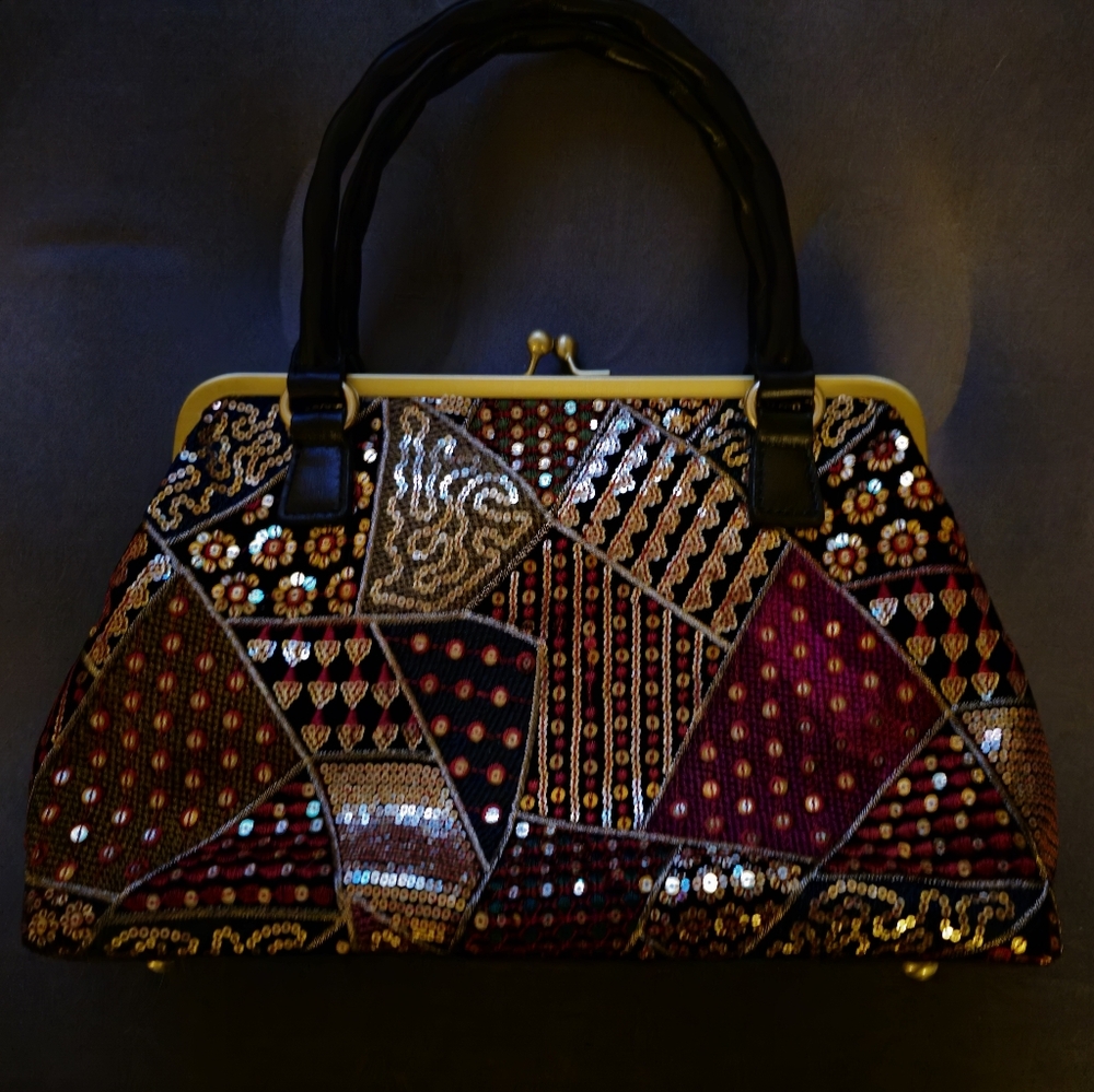 Patritia Nash Embellished Patchwork Sequin Frame Handbag - Black & Burgundy